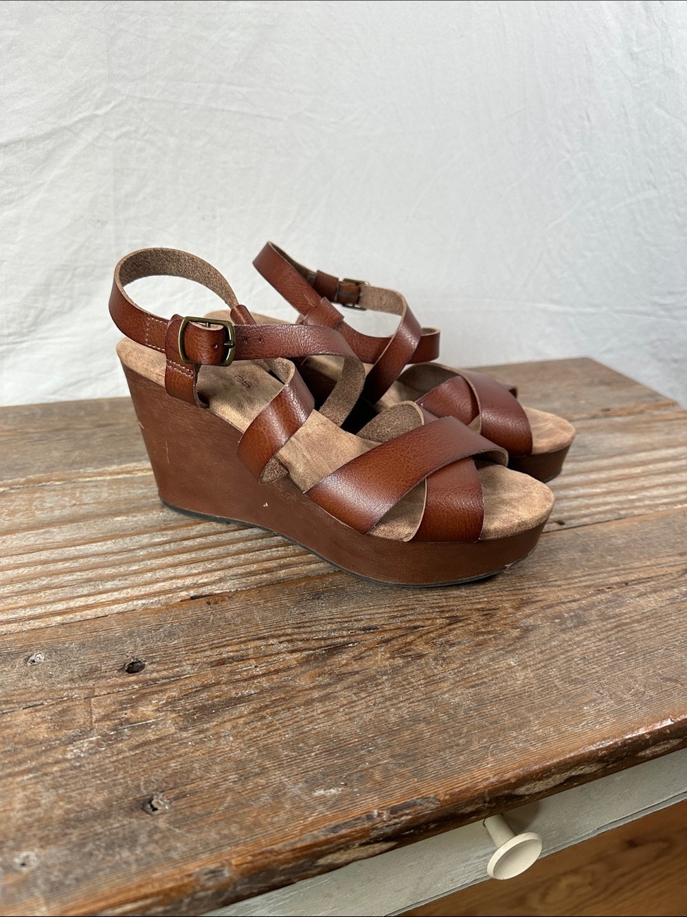 Maurices Brown Leather Crisscross Wedge Sandals